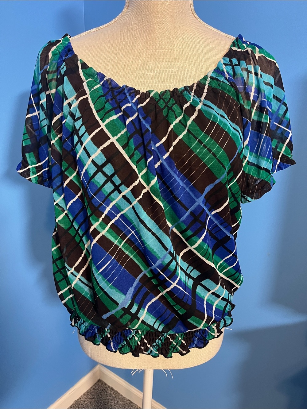 INC International Concepts Blue, Green & Black Plaid Off-Shoulder Blouse, Size L